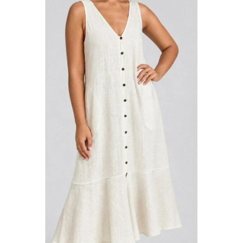 Free People White Cotton Button Front Maxi Dress Sleeveless Size Medium Boho